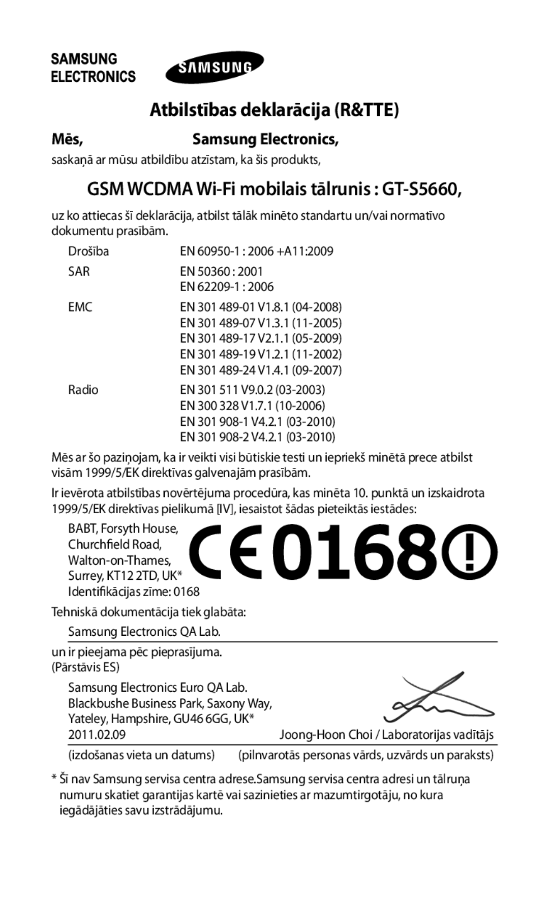 Samsung GT-S5660SWASEB, GT-S5660DSASEB manual Atbilstības deklarācija R&TTE, Mēs Samsung Electronics 