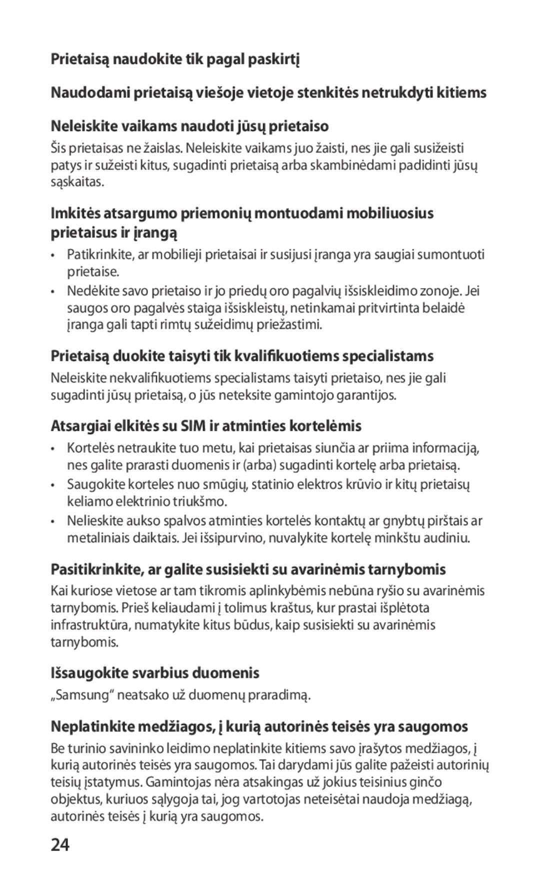 Samsung GT-S5660DSASEB manual Prietaisą duokite taisyti tik kvalifikuotiems specialistams, Išsaugokite svarbius duomenis 