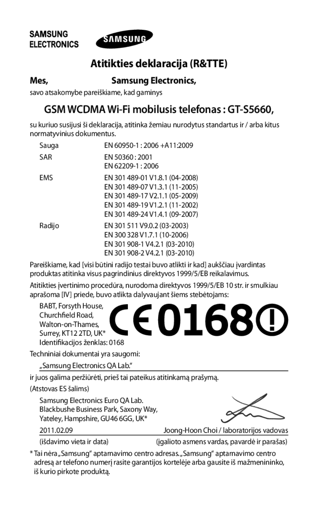 Samsung GT-S5660SWASEB, GT-S5660DSASEB manual Atitikties deklaracija R&TTE, Mes Samsung Electronics 