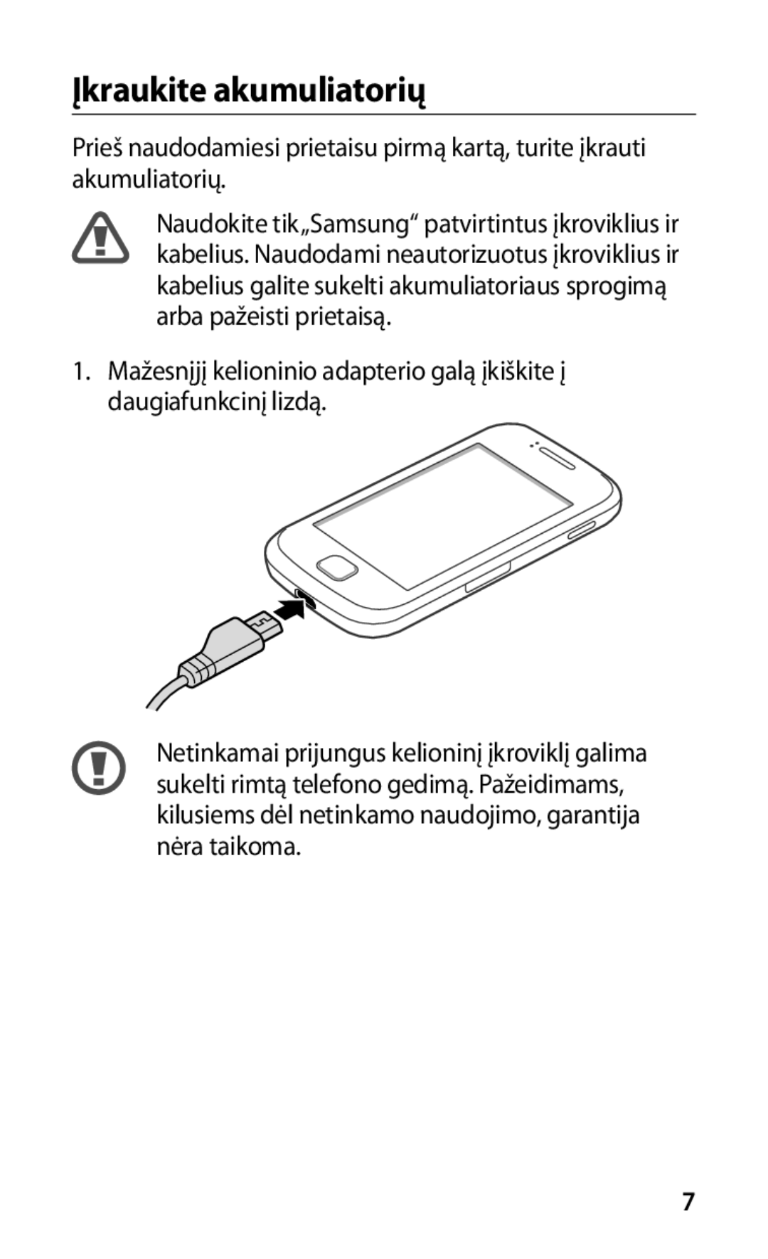 Samsung GT-S5660SWASEB, GT-S5660DSASEB manual Įkraukite akumuliatorių 