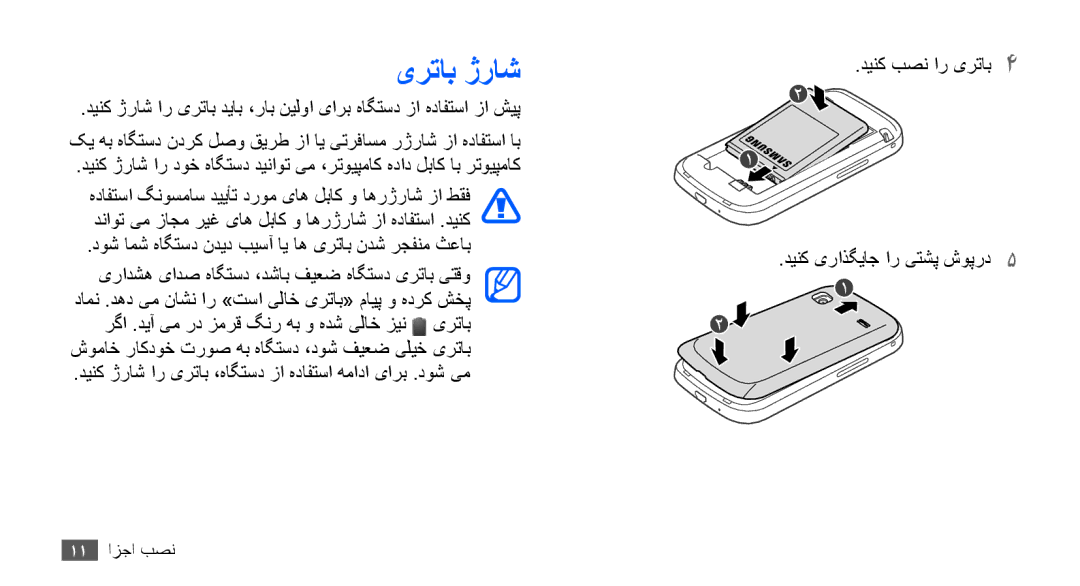 Samsung GT-S5660DSAXSS, GT-S5660DSASKZ manual یرتاب ژراش, دوش امش هاگتسد ندید بیسآ ای اه یرتاب ندش رجفنم ثعاب, 11 نصب اجزا 