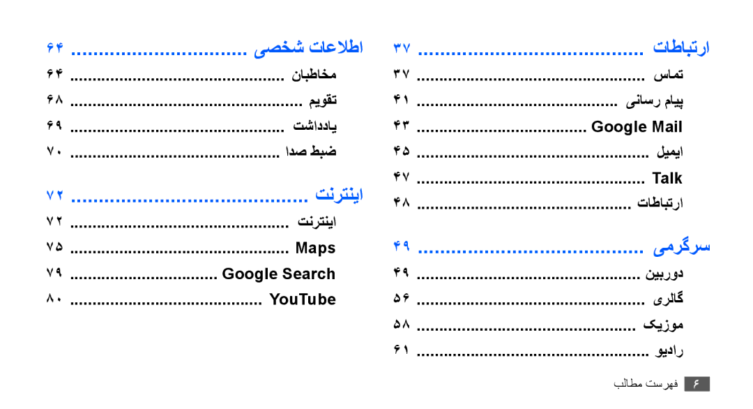 Samsung GT-S5660SWAAFG, GT-S5660DSASKZ manual Talk, تاطابترا, تنرتنيا, Maps Google Search نیبرود YouTube یرلاگ کیزوم ویدار 