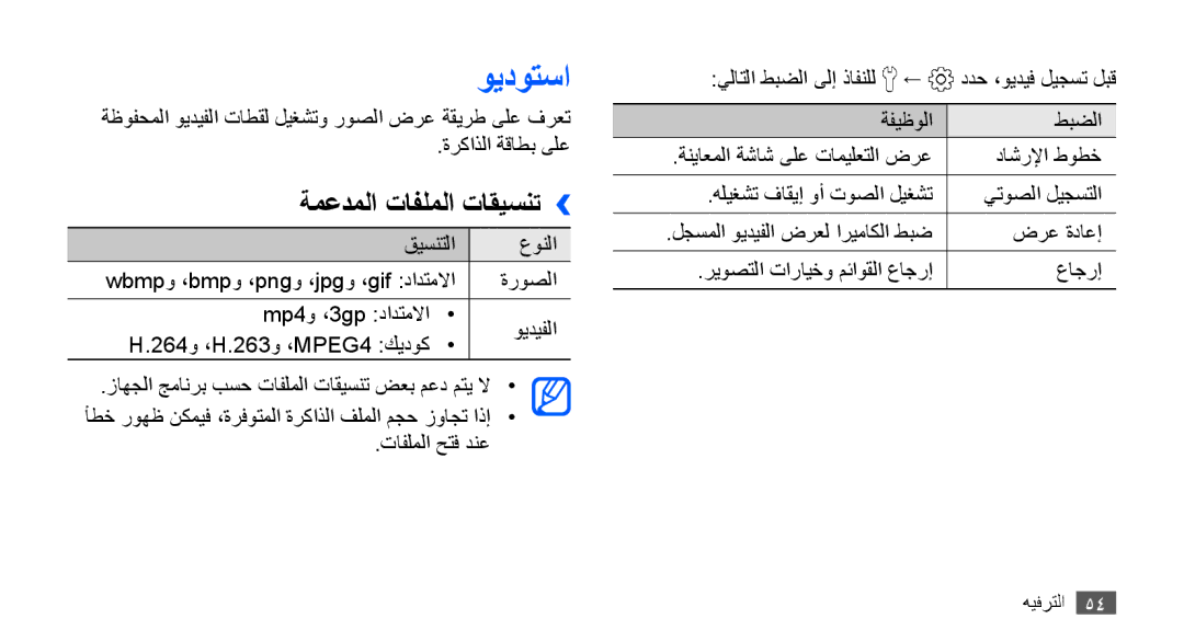 Samsung GT-S5660SWAJED, GT-S5660DSASKZ, GT-S5660DSATUN, GT-S5660DSAAFG, GT-S5660DSAECT ويدوتسا, ةمعدملا تافلملا تاقيسنت›› 