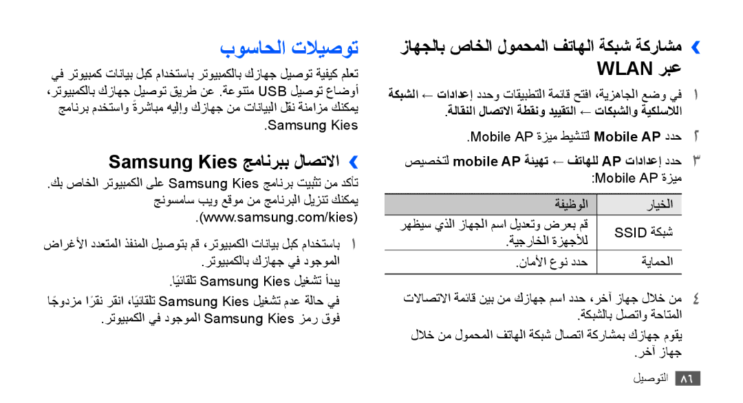 Samsung GT-S5660DSAJED, GT-S5660DSASKZ, GT-S5660DSATUN, GT-S5660DSAAFG manual بوساحلا تلايصوت, Samsung Kies جمانربب لاصتلاا›› 