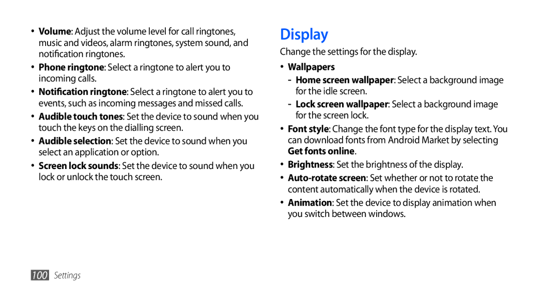 Samsung GT-S5660SWATHR, GT-S5660DSASKZ, GT-S5660DSATUN, GT-S5660DSAAFG manual Display, Change the settings for the display 