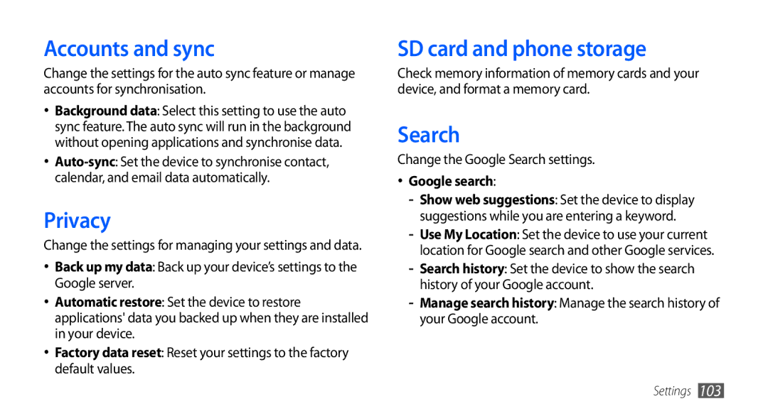 Samsung GT-S5660SWAXSG, GT-S5660DSASKZ manual Accounts and sync, Privacy, SD card and phone storage, Search, Google search 