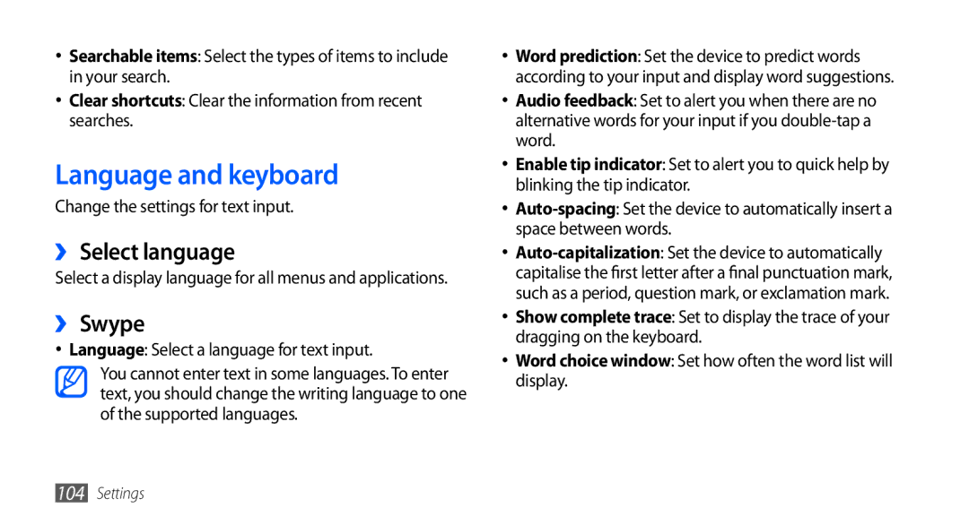 Samsung GT-S5660SWUSKZ manual Language and keyboard, ›› Select language, ›› Swype, Change the settings for text input 