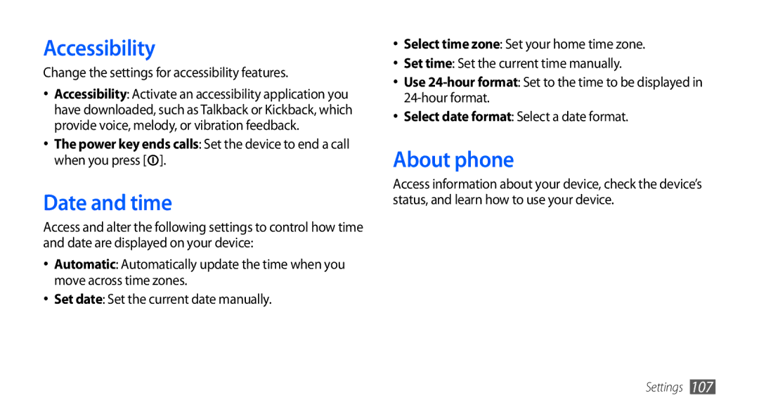 Samsung GT-S5660SWAXXV manual Accessibility, Date and time, About phone, Change the settings for accessibility features 