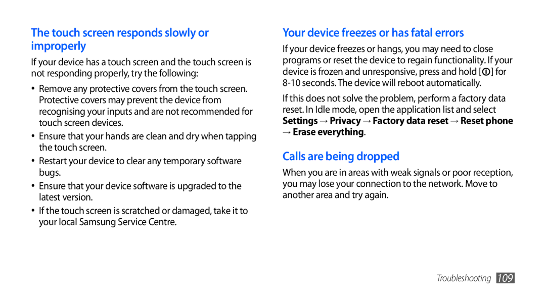 Samsung GT-S5660DSAXXV, GT-S5660DSASKZ Touch screen responds slowly or improperly, Your device freezes or has fatal errors 