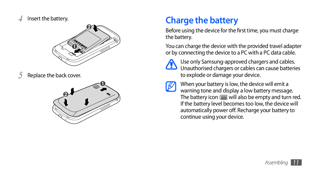 Samsung GT-S5660DSAAFR, GT-S5660DSASKZ, GT-S5660DSATUN manual Charge the battery, Insert the battery Replace the back cover 