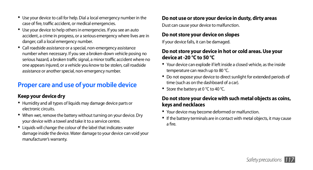 Samsung GT-S5660SWAMID, GT-S5660DSASKZ, GT-S5660DSATUN manual Proper care and use of your mobile device, Keep your device dry 