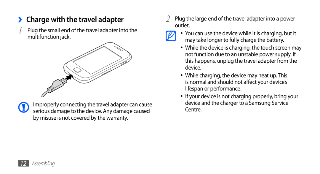 Samsung GT-S5660DSAXSS, GT-S5660DSASKZ, GT-S5660DSATUN manual ›› Charge with the travel adapter, Multifunction jack, Outlet 