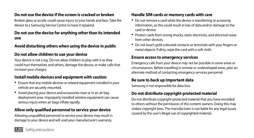 Samsung GT-S5660SWAJED, GT-S5660DSASKZ, GT-S5660DSATUN, GT-S5660DSAAFG, GT-S5660DSAECT manual Be sure to back up important data 