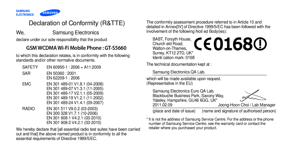 Samsung GT-S5660DSAJED, GT-S5660DSASKZ manual Declaration of Conformity R&TTE, GSM Wcdma Wi-Fi Mobile Phone GT-S5660 