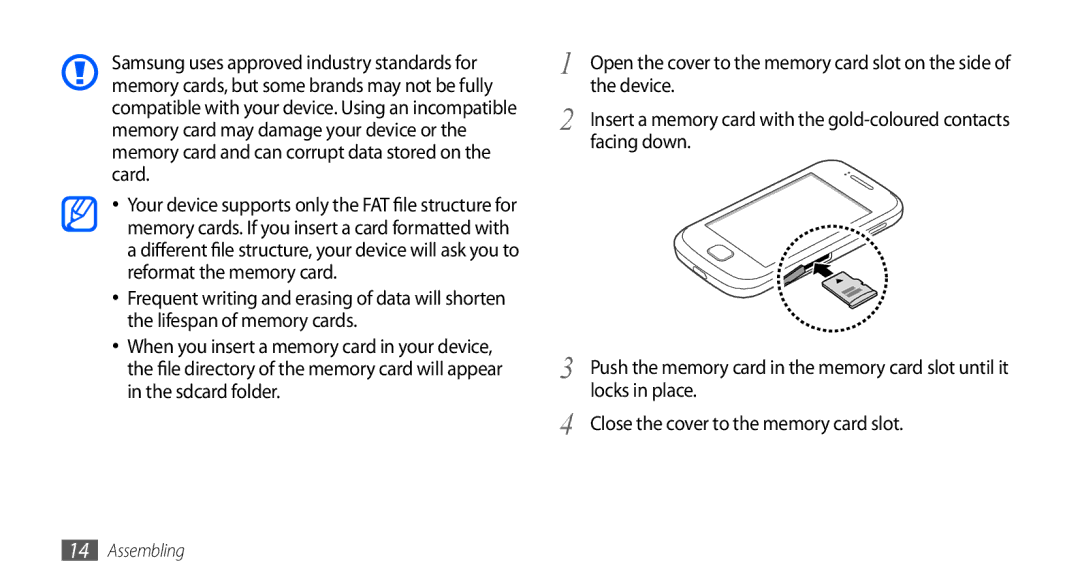 Samsung GT-S5660DSAPAK, GT-S5660DSASKZ manual Device, Facing down, Locks in place, Close the cover to the memory card slot 