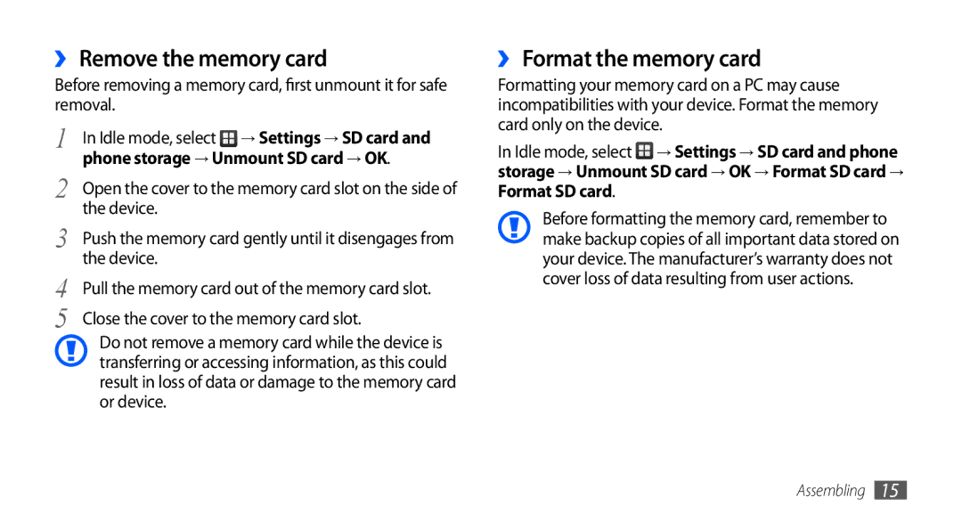 Samsung GT-S5660DSATHR manual ›› Remove the memory card, ›› Format the memory card, Phone storage → Unmount SD card → OK 