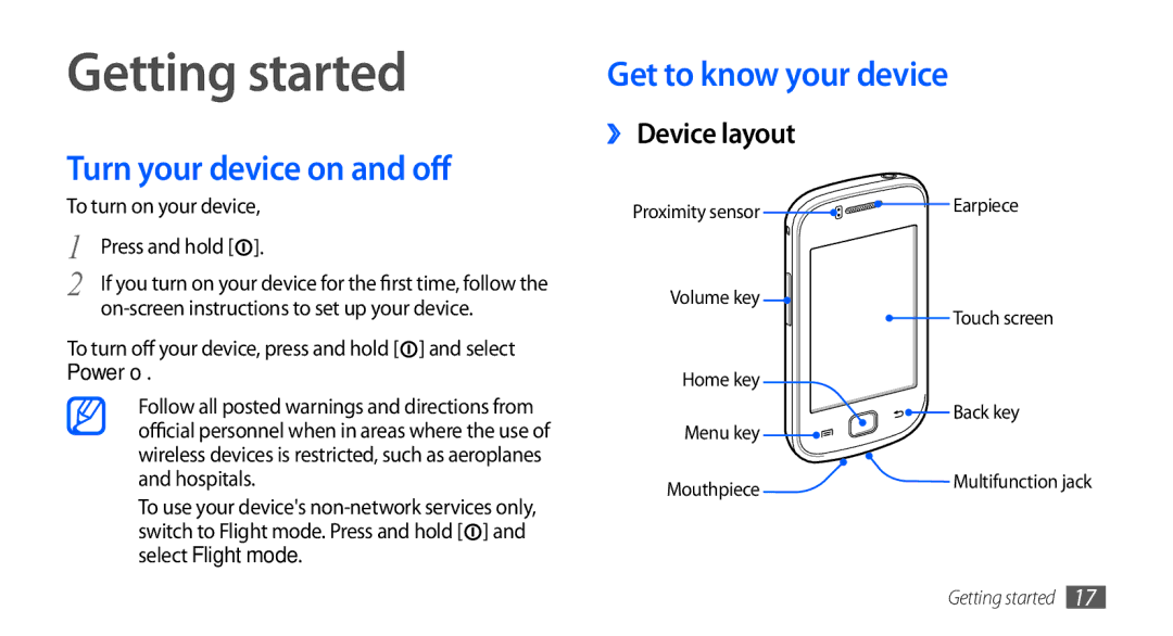 Samsung GT-S5660DSAJED manual Getting started, Turn your device on and off, Get to know your device, ›› Device layout 