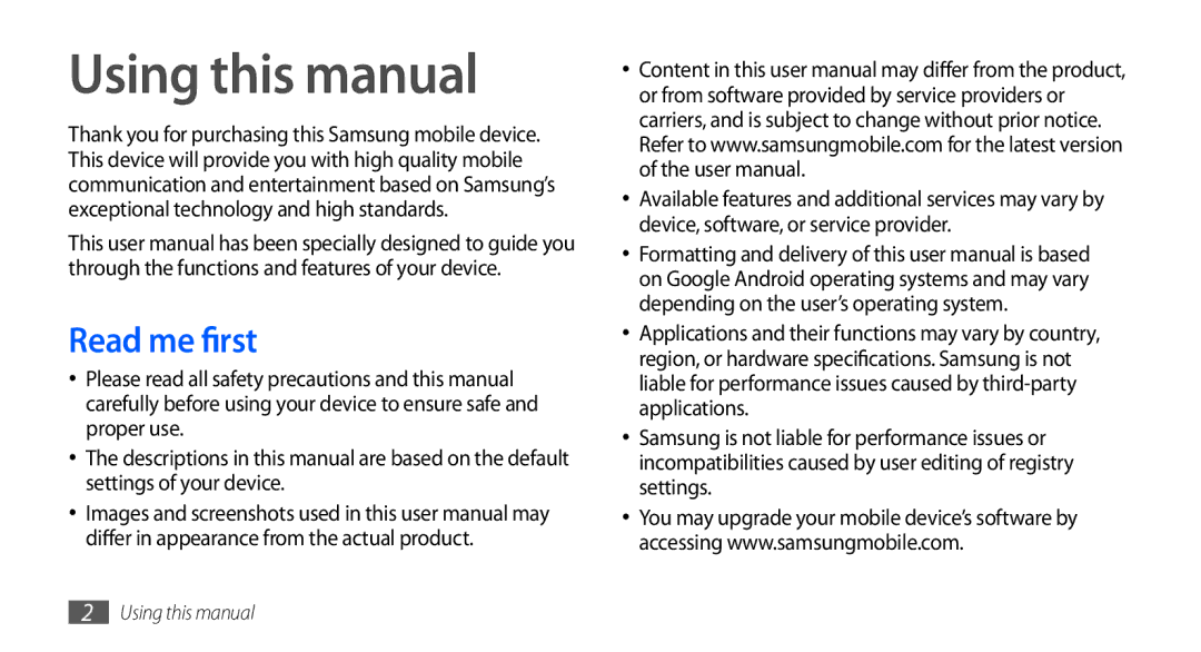 Samsung GT-S5660DSAAFG, GT-S5660DSASKZ, GT-S5660DSATUN, GT-S5660DSAECT, GT-S5660DSAKSA Using this manual, Read me first 