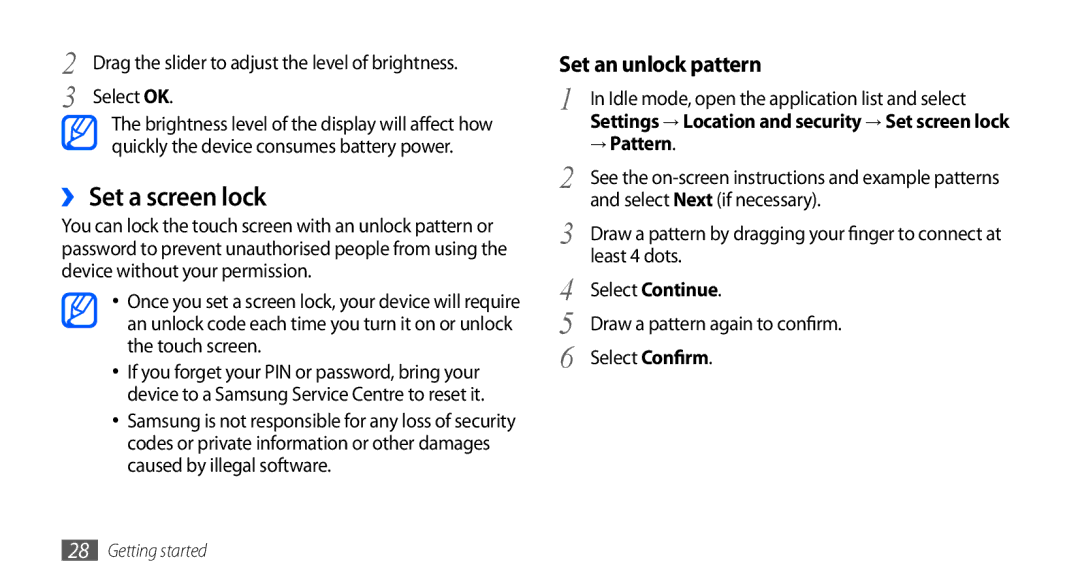 Samsung GT-S5660DSASKZ, GT-S5660DSATUN, GT-S5660DSAAFG, GT-S5660DSAECT, GT-S5660DSAKSA manual ›› Set a screen lock, → Pattern 