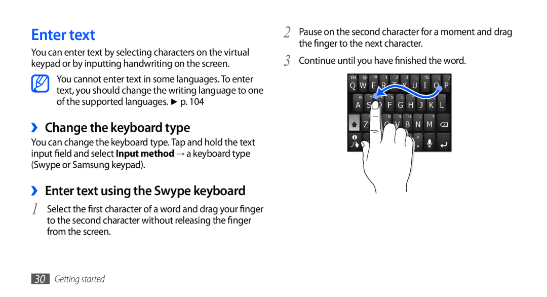 Samsung GT-S5660DSAAFG manual Enter text, ›› Change the keyboard type, From the screen, Finger to the next character 