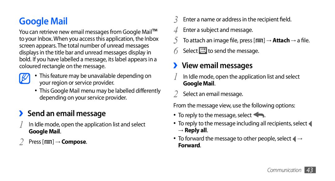 Samsung GT-S5660DSATHR, GT-S5660DSASKZ manual Google Mail, ›› Send an email message, ›› View email messages, → Reply all 