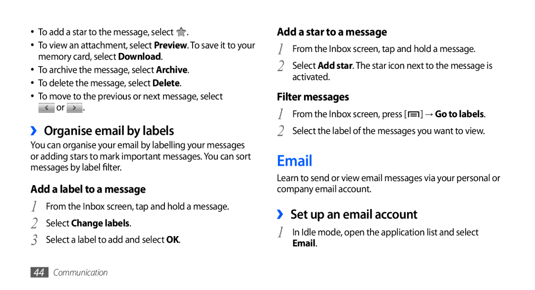 Samsung GT-S5660SWATHR, GT-S5660DSASKZ manual ›› Organise email by labels, ›› Set up an email account, Select Change labels 