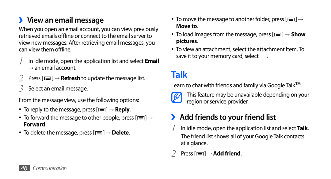 Samsung GT-S5660DSAMID manual Talk, ›› View an email message, ›› Add friends to your friend list, → an email account 