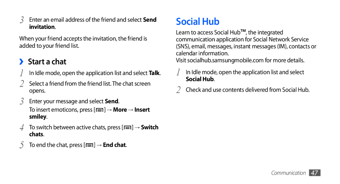 Samsung GT-S5660SWAXSG, GT-S5660DSASKZ, GT-S5660DSATUN, GT-S5660DSAAFG, GT-S5660DSAECT manual Social Hub, ›› Start a chat 