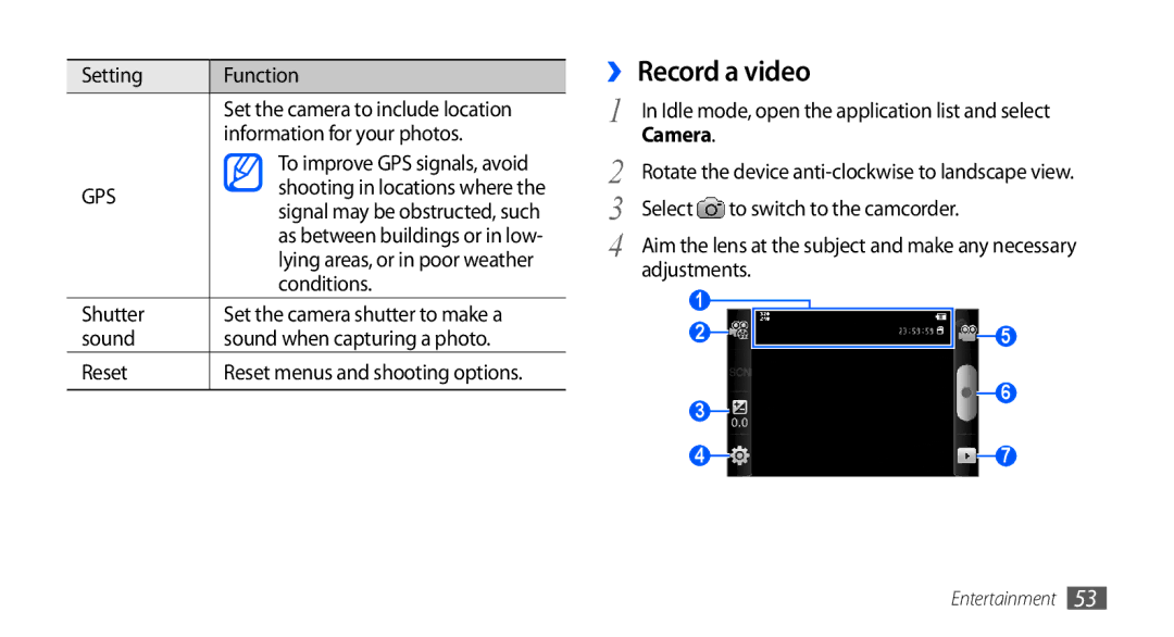 Samsung GT-S5660DSAXXV, GT-S5660DSASKZ, GT-S5660DSATUN, GT-S5660DSAAFG, GT-S5660DSAECT, GT-S5660DSAKSA manual ›› Record a video 