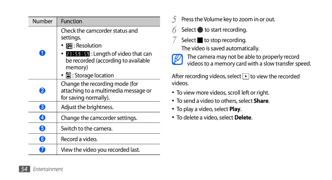 Samsung GT-S5660SWAXEV, GT-S5660DSASKZ, GT-S5660DSATUN, GT-S5660DSAAFG manual Storage location Change the recording mode for 