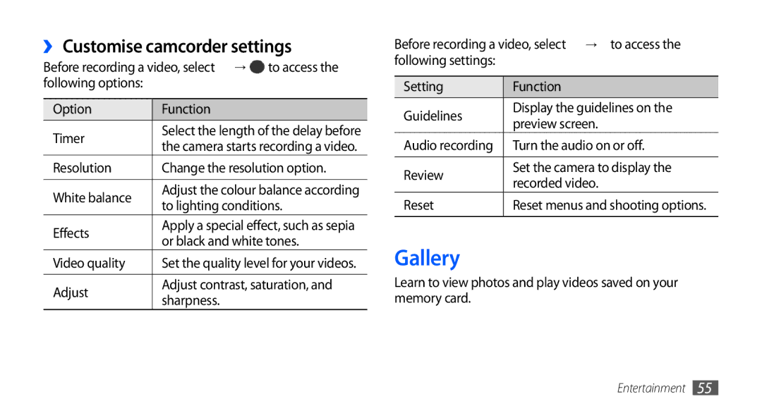 Samsung GT-S5660DSACEL, GT-S5660DSASKZ, GT-S5660DSATUN, GT-S5660DSAAFG manual Gallery, ›› Customise camcorder settings 