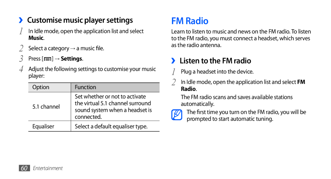 Samsung GT-S5660DSAKSA, GT-S5660DSASKZ manual FM Radio, ›› Customise music player settings, ›› Listen to the FM radio 