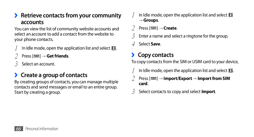 Samsung GT-S5660DSAXSG, GT-S5660DSASKZ manual Accounts, ›› Create a group of contacts, ›› Copy contacts, → Groups, Card 