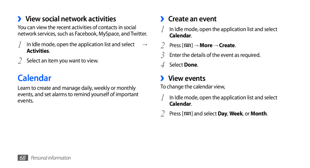 Samsung GT-S5660DSAXSS, GT-S5660DSASKZ Calendar, ›› View social network activities, ›› Create an event, ›› View events 