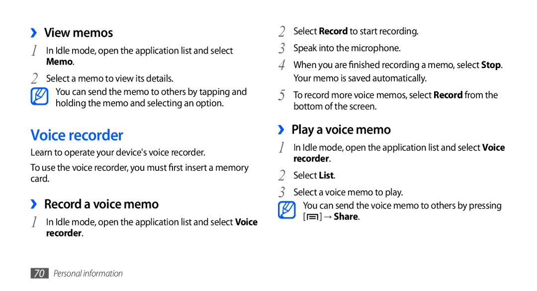 Samsung GT-S5660DSAPAK, GT-S5660DSASKZ manual Voice recorder, ›› View memos, ›› Record a voice memo, ›› Play a voice memo 