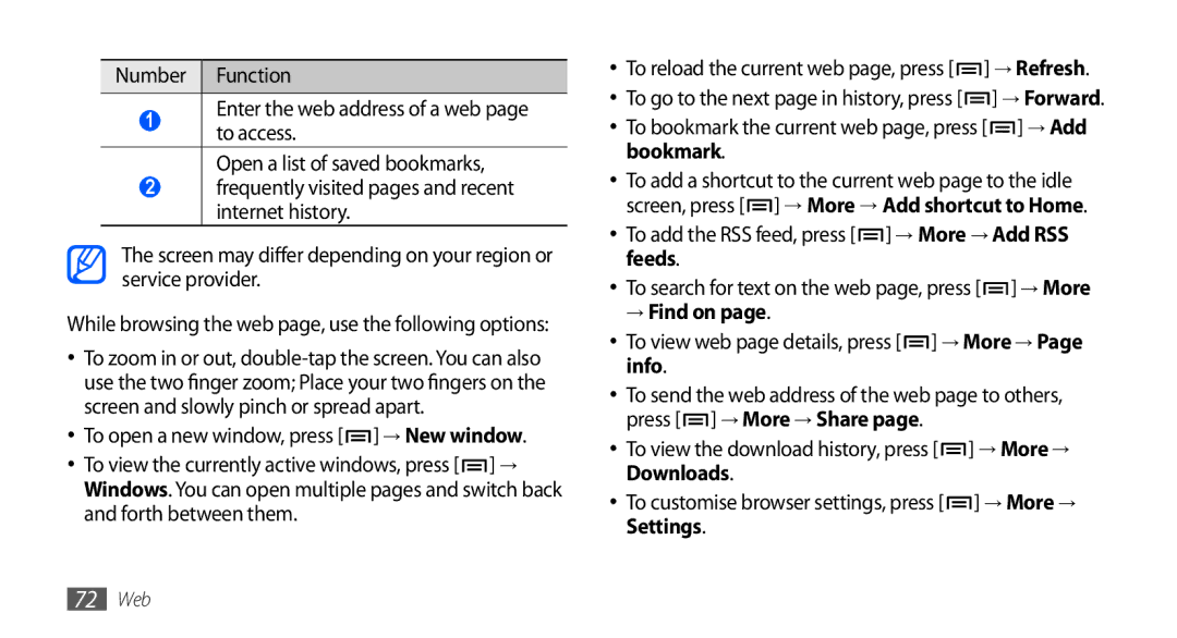 Samsung GT-S5660SWATHR, GT-S5660DSASKZ, GT-S5660DSATUN → Find on, To customise browser settings, press → More → Settings 