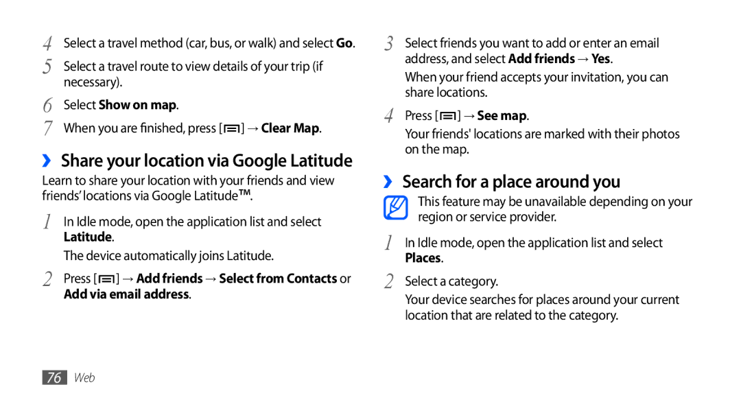 Samsung GT-S5660SWUSKZ, GT-S5660DSASKZ manual ›› Search for a place around you, Latitude, Add via email address, Places 