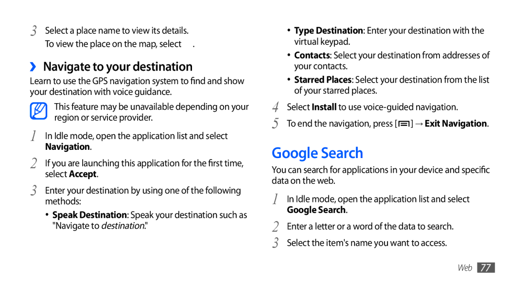 Samsung GT-S5660DSAIEL, GT-S5660DSASKZ Google Search, ›› Navigate to your destination, Navigation, Select Accept, Methods 