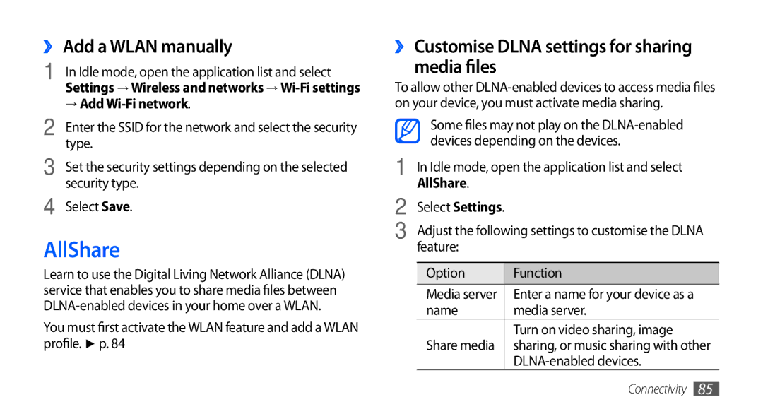 Samsung GT-S5660DSATUN AllShare, ›› Add a Wlan manually, ›› Customise Dlna settings for sharing Media files 