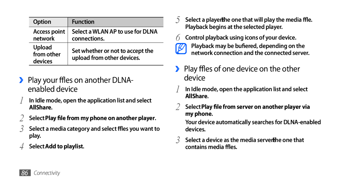 Samsung GT-S5660DSAAFG ›› Play your files on another DLNA- enabled device, ›› Play files of one device on the other device 