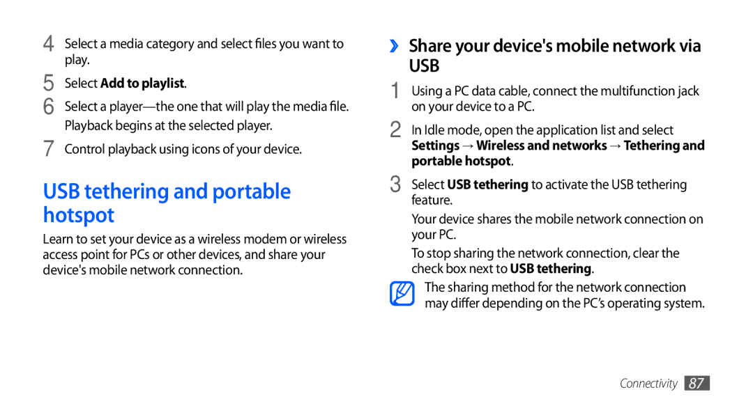 Samsung GT-S5660DSAECT, GT-S5660DSASKZ manual USB tethering and portable hotspot, On your device to a PC, Portable hotspot 