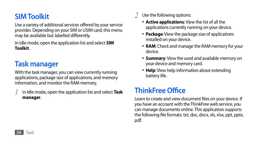 Samsung GT-S5660DSAXSG, GT-S5660DSASKZ, GT-S5660DSATUN, GT-S5660DSAAFG SIM Toolkit, Task manager, ThinkFree Office, Manager 