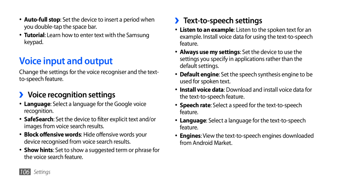 Samsung GT-S5660SWAPAK, GT-S5660DSASKZ Voice input and output, ›› Voice recognition settings, ›› Text-to-speech settings 