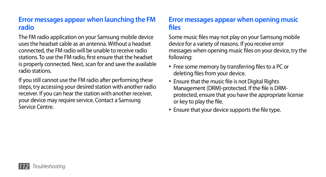 Samsung GT-S5660DSASKZ Error messages appear when launching the FM radio, Error messages appear when opening music files 