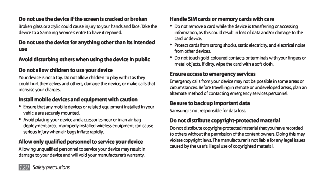 Samsung GT-S5660SWAJED Do not use the device for anything other than its intended use, Ensure access to emergency services 