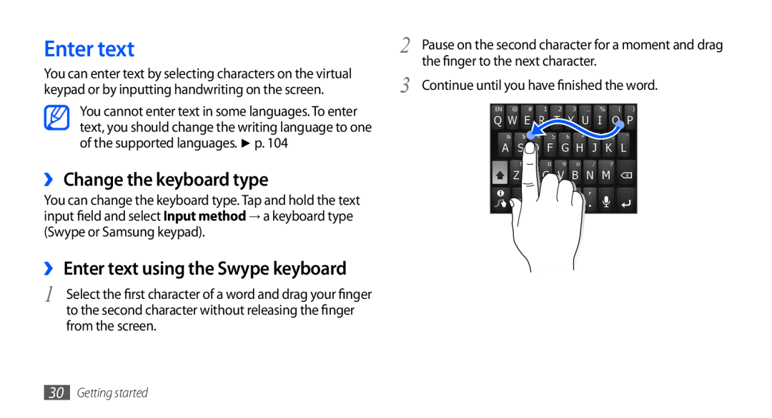 Samsung GT-S5660DSAAFG manual ›› Change the keyboard type, ›› Enter text using the Swype keyboard, Getting started 
