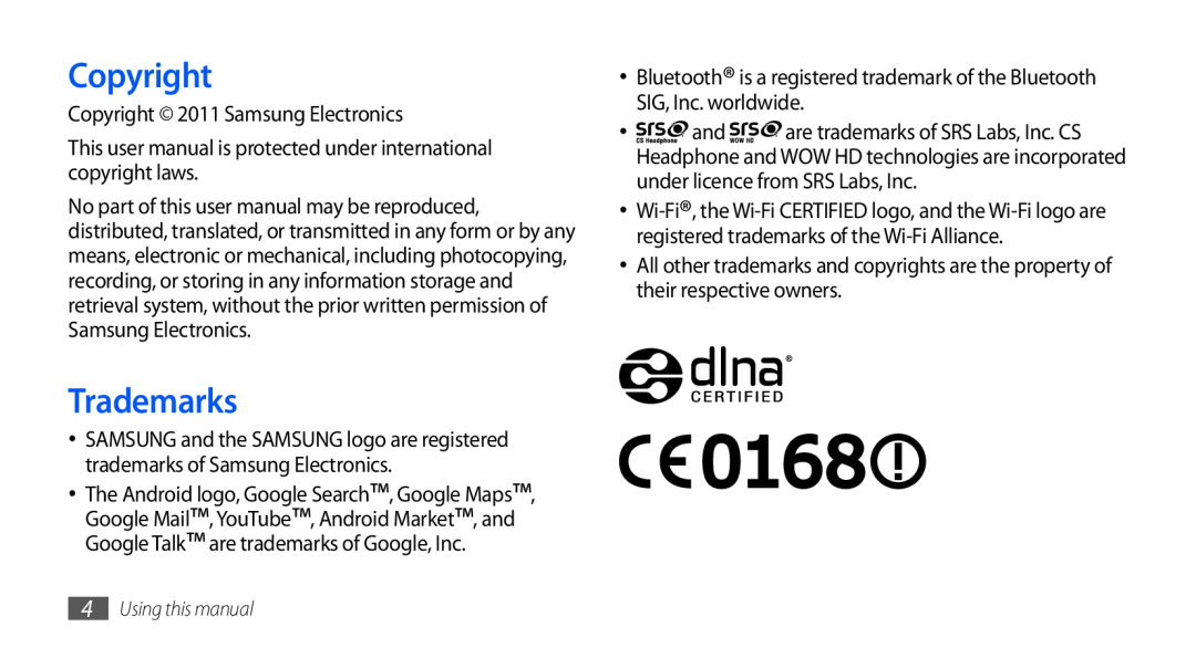 Samsung GT-S5660DSAKSA, GT-S5660DSASKZ Trademarks, Copyright 2011 Samsung Electronics, Using this manual 
