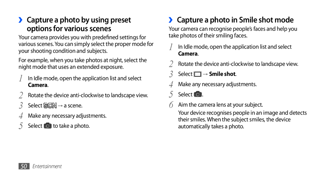 Samsung GT-S5660SWAPAK manual ›› Capture a photo by using preset options for various scenes, → Smile shot, Camera, Select 