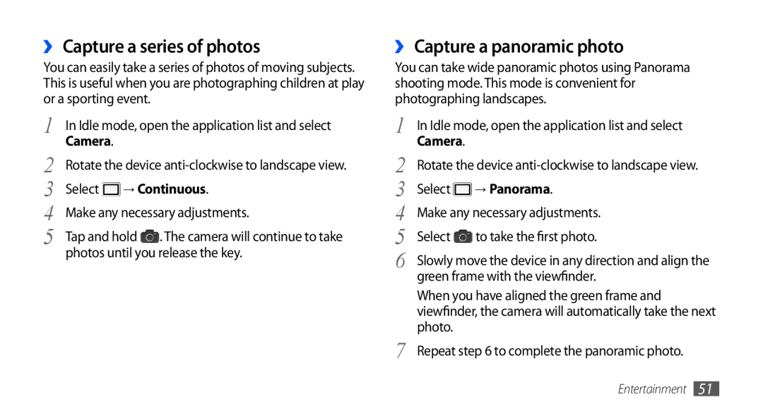 Samsung GT-S5660SWAXXV manual ›› Capture a series of photos, ›› Capture a panoramic photo, → Continuous, → Panorama 