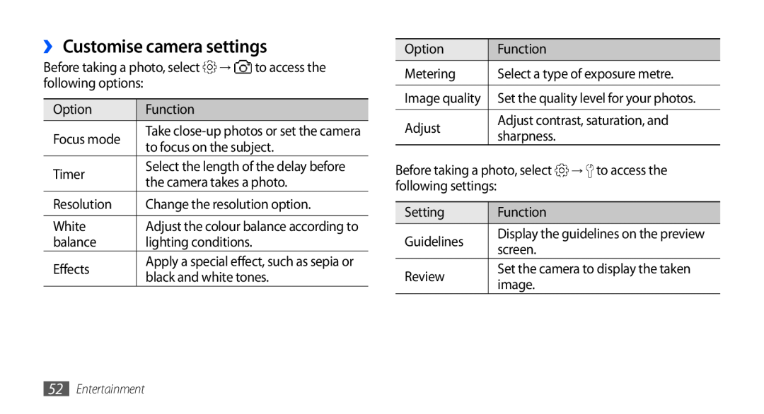 Samsung GT-S5660DSAXEV, GT-S5660DSASKZ ›› Customise camera settings, Select the length of the delay before, Image quality 